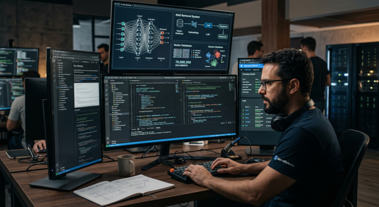 Desenvolvedor experiente trabalhando em Engenharia de IA avançada, com código, redes neurais e dashboards de Kubernetes em múltiplas telas, simbolizando a profundidade da especialização.