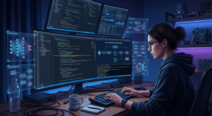 Engenheiro de software trabalhando em um setup de múltiplos monitores, desenvolvendo sistemas de IA com LLMs e arquiteturas RAG, exibindo código complexo e pipelines de dados.
