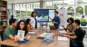Professores da Equipe iQuímica com alunos, mostrando o Passaporte IQPASS 2026 em um ambiente de estudo focado em Química para Medicina e aprovação em vestibulares.