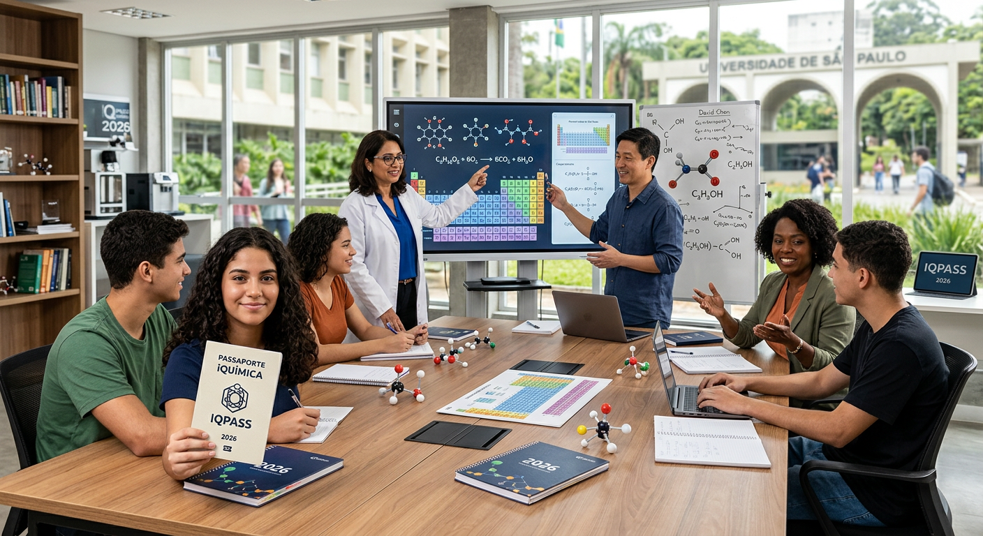 Professores da Equipe iQuímica com alunos, mostrando o Passaporte IQPASS 2026 em um ambiente de estudo focado em Química para Medicina e aprovação em vestibulares.