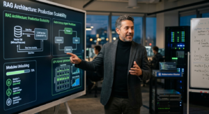 Engenheiro de software sênior da Dev+Eficiente explicando arquitetura avançada de Engenharia de IA, RAG e Agentes para produção e escalabilidade.