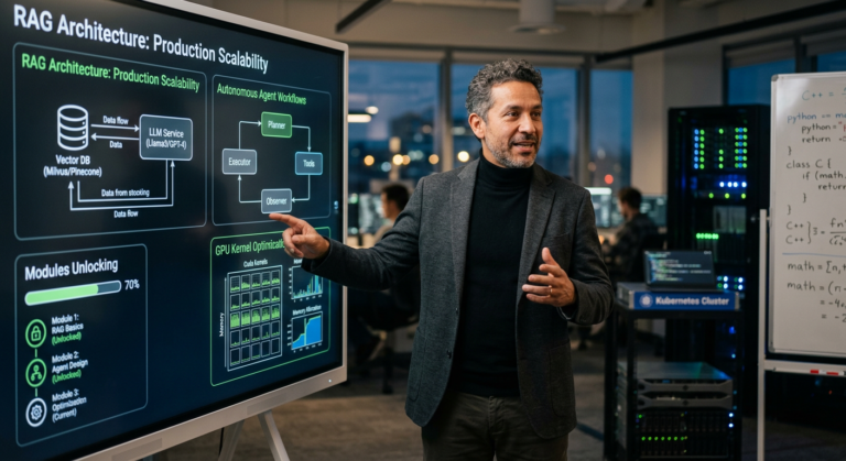 Engenheiro de software sênior da Dev+Eficiente explicando arquitetura avançada de Engenharia de IA, RAG e Agentes para produção e escalabilidade.