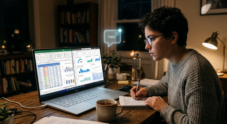 Pessoa estudando Excel e Power BI no laptop tarde da noite, com ícone de chat flutuante indicando suporte online.