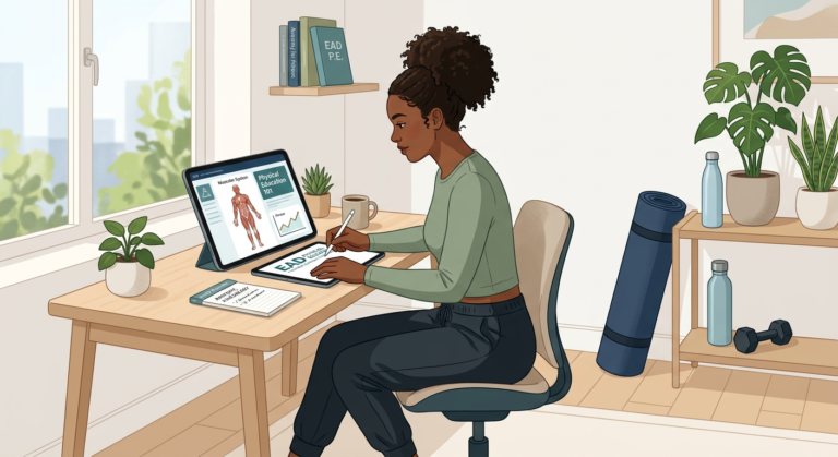 Estudante de Educação Física EAD do Instituto Óliver em seu laptop, com elementos de fitness no fundo, simbolizando flexibilidade de estudo.