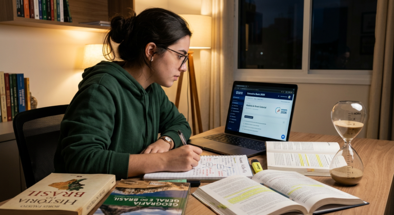 Estudante focado(a) estudando Ciências Humanas para o ENEM com o Extensivo Basic 2026 da Terra Negra, gerenciando tempo com um relógio visível, simbolizando o desafio de ter apenas 1 hora por dia.