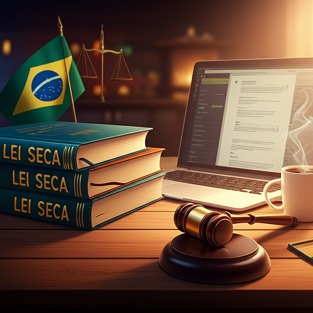 Estudante brasileiro estudando a Lei Seca com livros, martelo, bandeira do Brasil e laptop.
