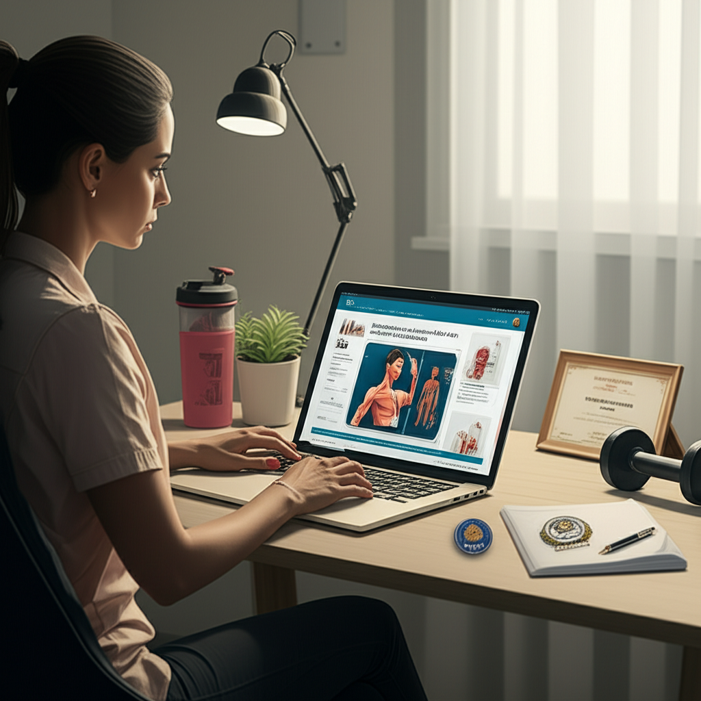 Pessoa estudando Bacharelado em Educação Física 100% EAD em notebook, com elementos de esporte e diploma ao fundo, focada em carreira e concursos.