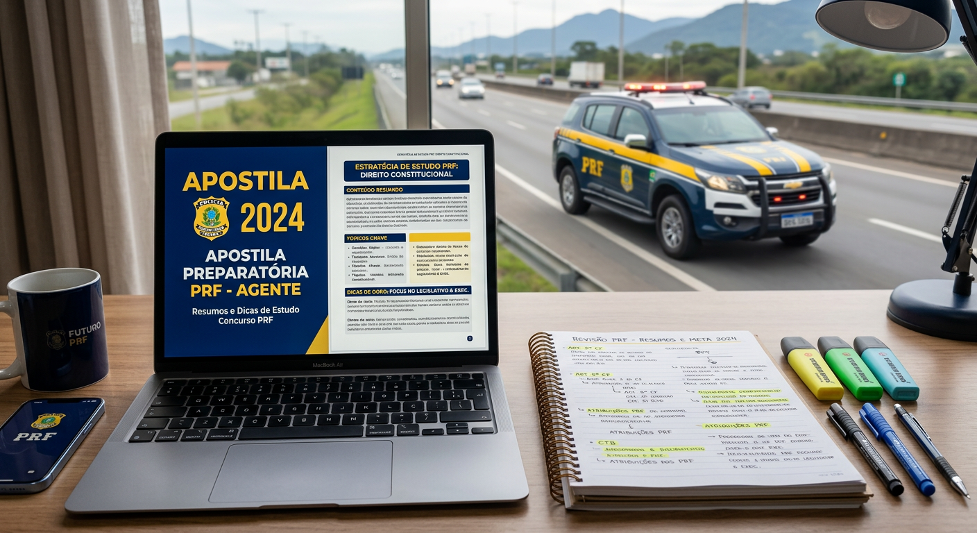 Apostila PRF digital em tela de tablet com canetas e anotações, e viatura da Polícia Rodoviária Federal ao fundo.