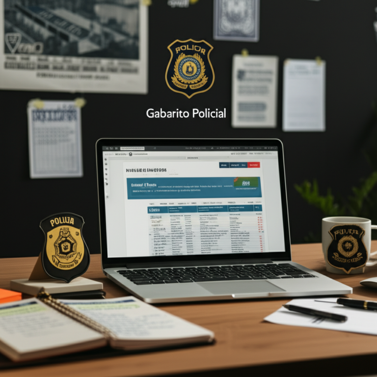 Mesa de estudo com laptop exibindo questões de concurso policial, distintivo, papéis de prova e anotações.