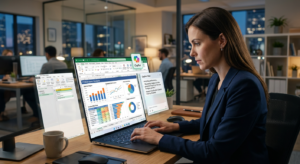 Pessoa concentrada em laptop com interface do Excel exibindo gráficos complexos, dashboards e Power Query, simbolizando domínio de dados e automação com IA em um curso de Excel expert.