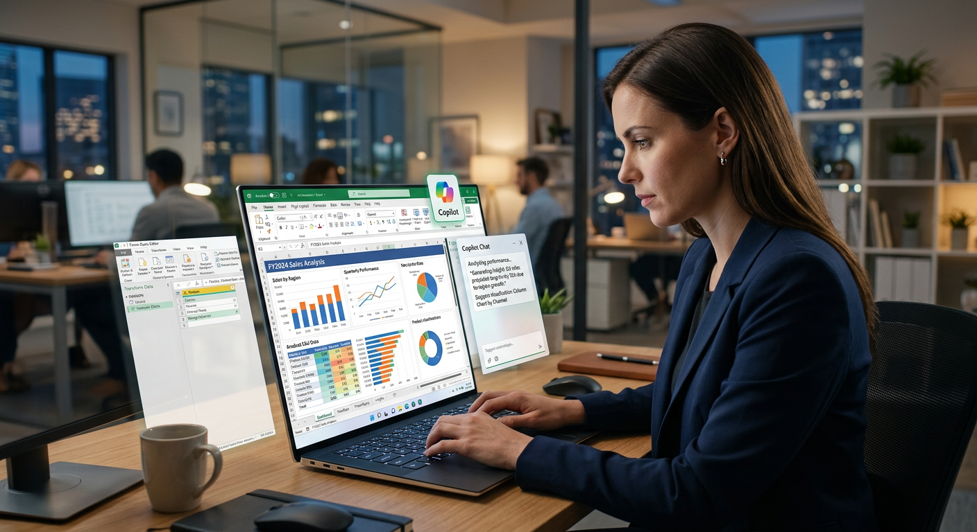 Pessoa concentrada em laptop com interface do Excel exibindo gráficos complexos, dashboards e Power Query, simbolizando domínio de dados e automação com IA em um curso de Excel expert.