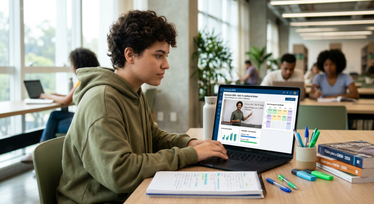 Estudante concentrado(a) em um laptop, utilizando a plataforma Extensiva 2026 para se preparar para o ENEM 2026, com materiais de estudo organizados ao redor.