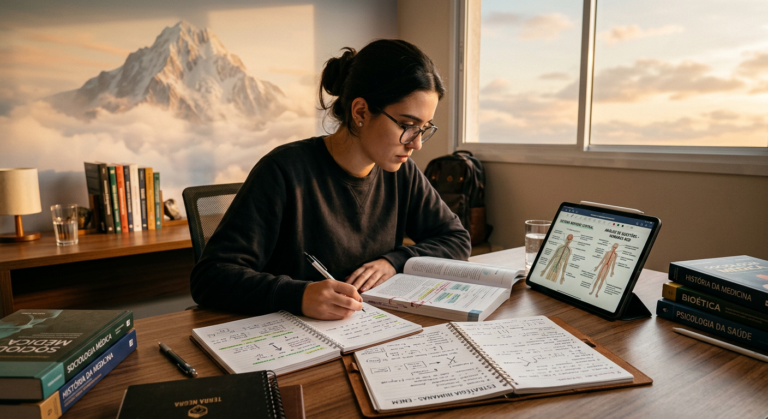 Estudante focado com materiais premium do Extensivo PRO Terra Negra, com montanhas ao fundo simbolizando o Monte Olimpo e o topo na Medicina. Foco em Humanas e método sniper.