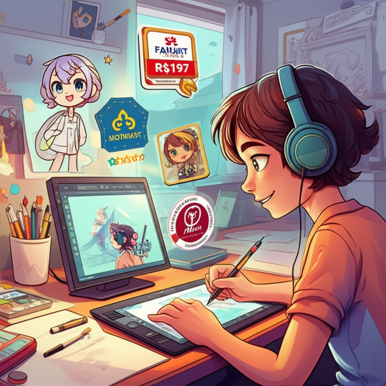 Ilustração de um artista iniciante desenhando fanart, com símbolos de preço, avaliação e alerta de custos ocultos, representando o curso Fanart 4.0 Desenho.