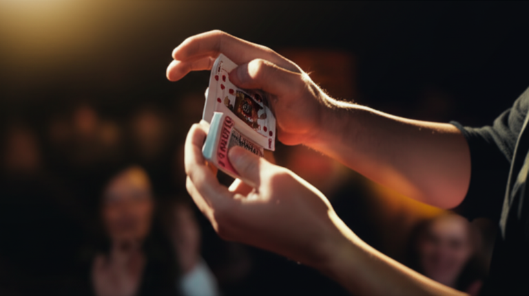 Felipe Barbieri performing close‑up card magic, showing precise sleight‑of‑hand under a spotlight.