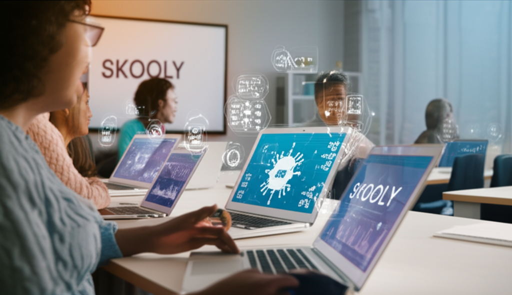 Professores usando ferramentas de IA da Skooly em uma sala de aula digital e colaborativa.