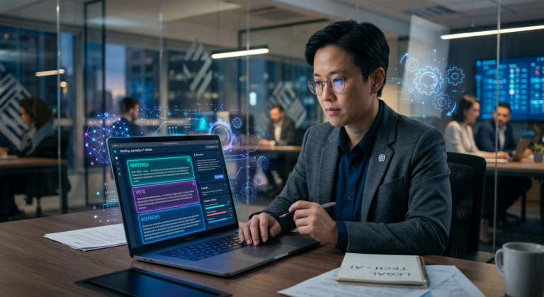 Jurista usando ferramentas digitais e IA para elaborar sentenças, votos e despachos.