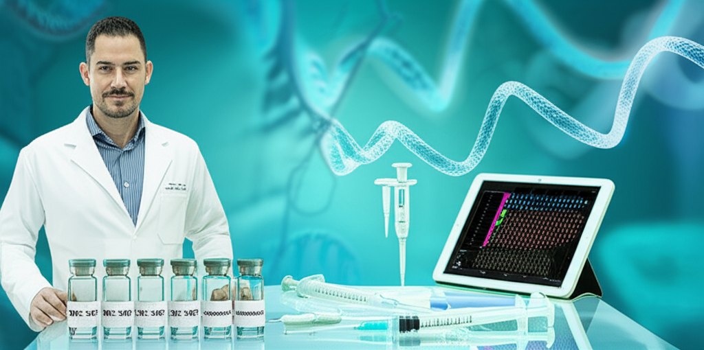 Nutricionista especialista em peptídeos apresentando frascos, seringas e diagramas moleculares de peptídeos em laboratório moderno.