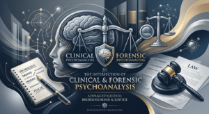 Imagem conceitual com símbolos de mente e justiça, representando a fusão da psicanálise clínica e forense.