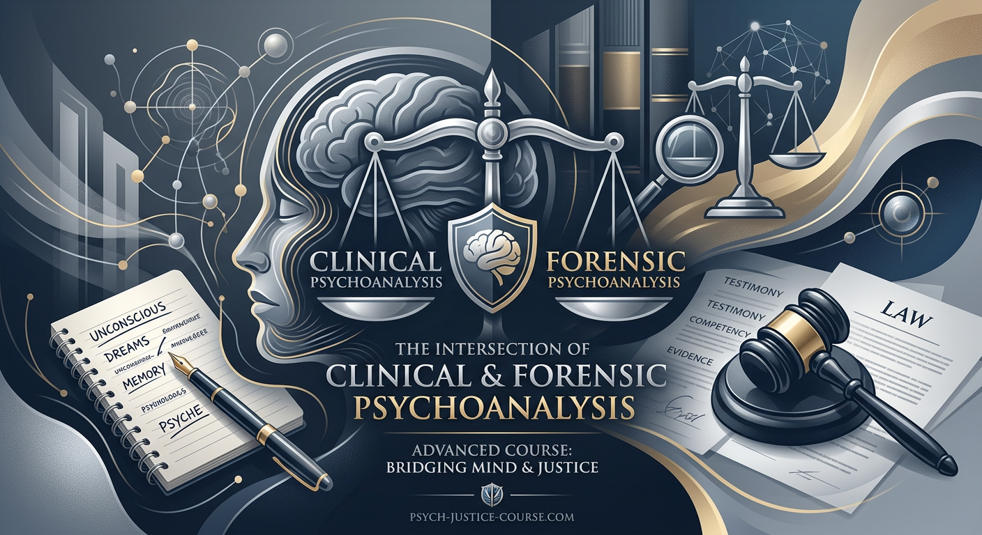 Imagem conceitual com símbolos de mente e justiça, representando a fusão da psicanálise clínica e forense.