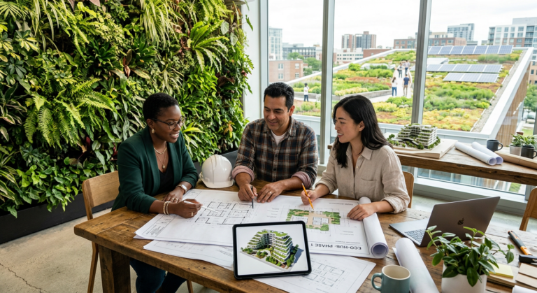 Profissionais de arquitetura e paisagismo colaborando em um projeto de construção sustentável, com um telhado verde e um jardim vertical ao fundo, simbolizando a Formação Green Builders.