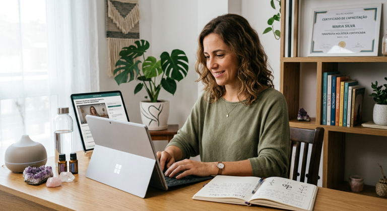 Pessoa em transição de carreira estudando terapias holísticas online, cercada por cristais, óleos essenciais e símbolos de cura, com um certificado ao fundo.