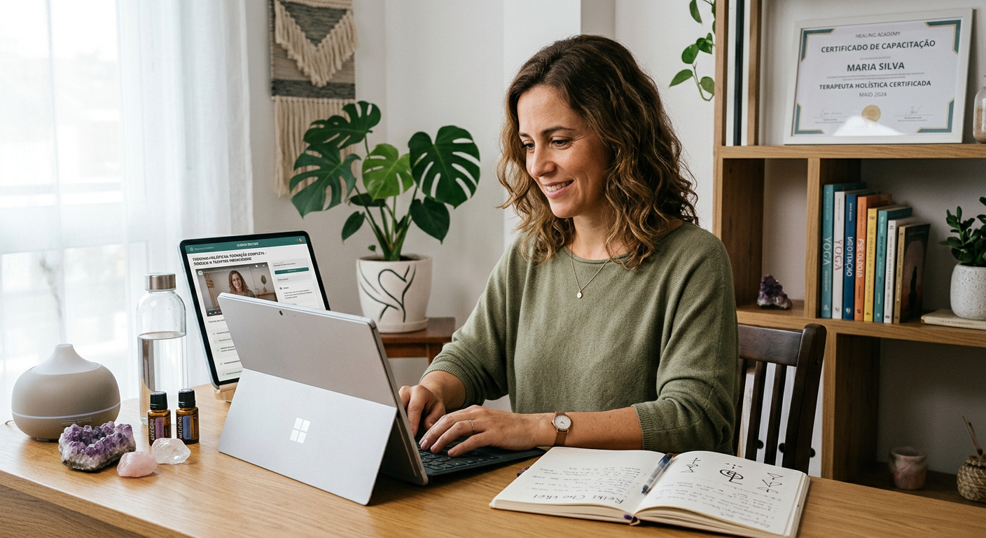 Pessoa em transição de carreira estudando terapias holísticas online, cercada por cristais, óleos essenciais e símbolos de cura, com um certificado ao fundo.