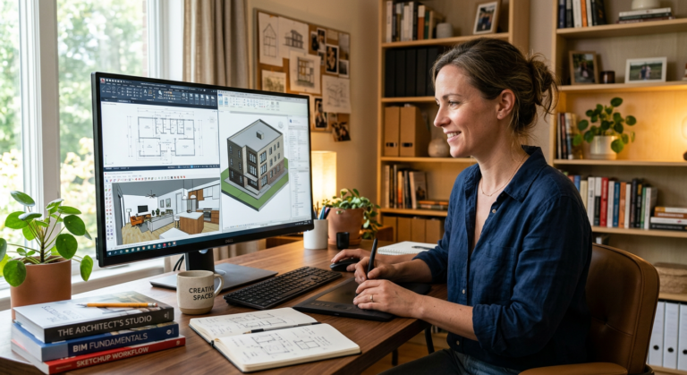 Trabalhador CLT focado em tela de computador com projetos 2D e 3D de AutoCAD, Revit e SketchUp, buscando nova carreira ou renda extra.