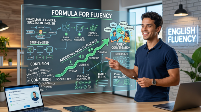 Caio R explicando a Fórmula da Fluência para aprender inglês, com diagrama visual de método prático e resultados.