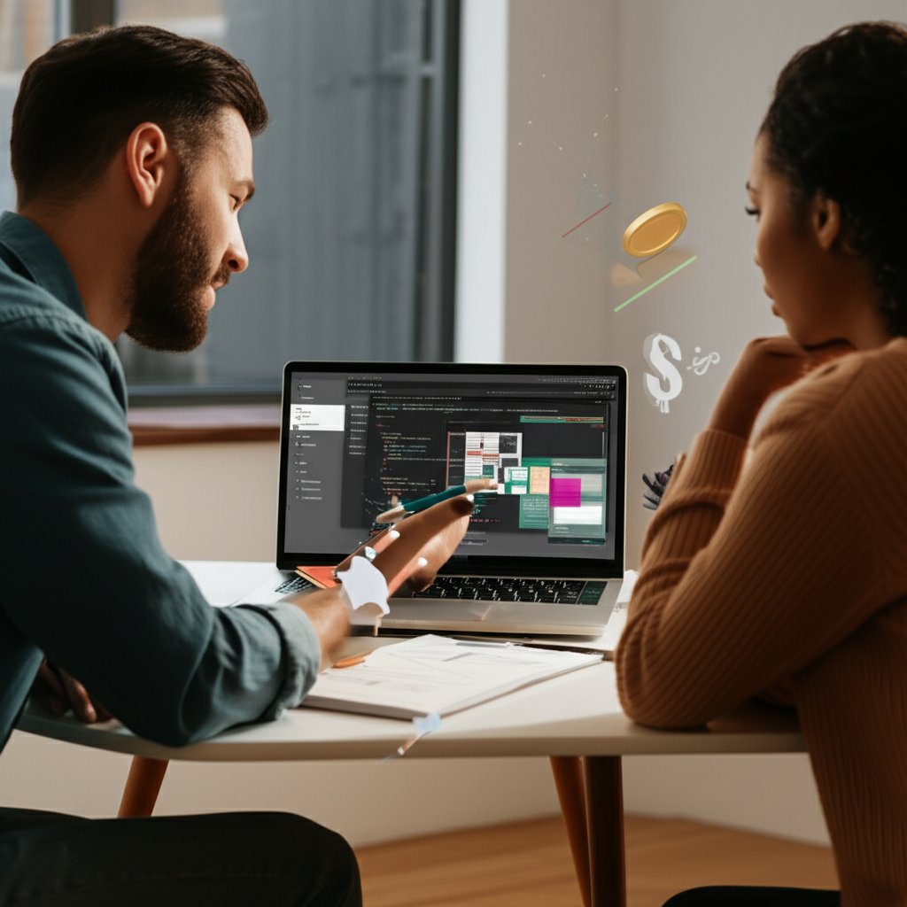 Casal discutindo e analisando juntos o investimento no curso FrontPush 4.0, com um laptop mostrando um projeto de Front-end, UI e Motion Design.