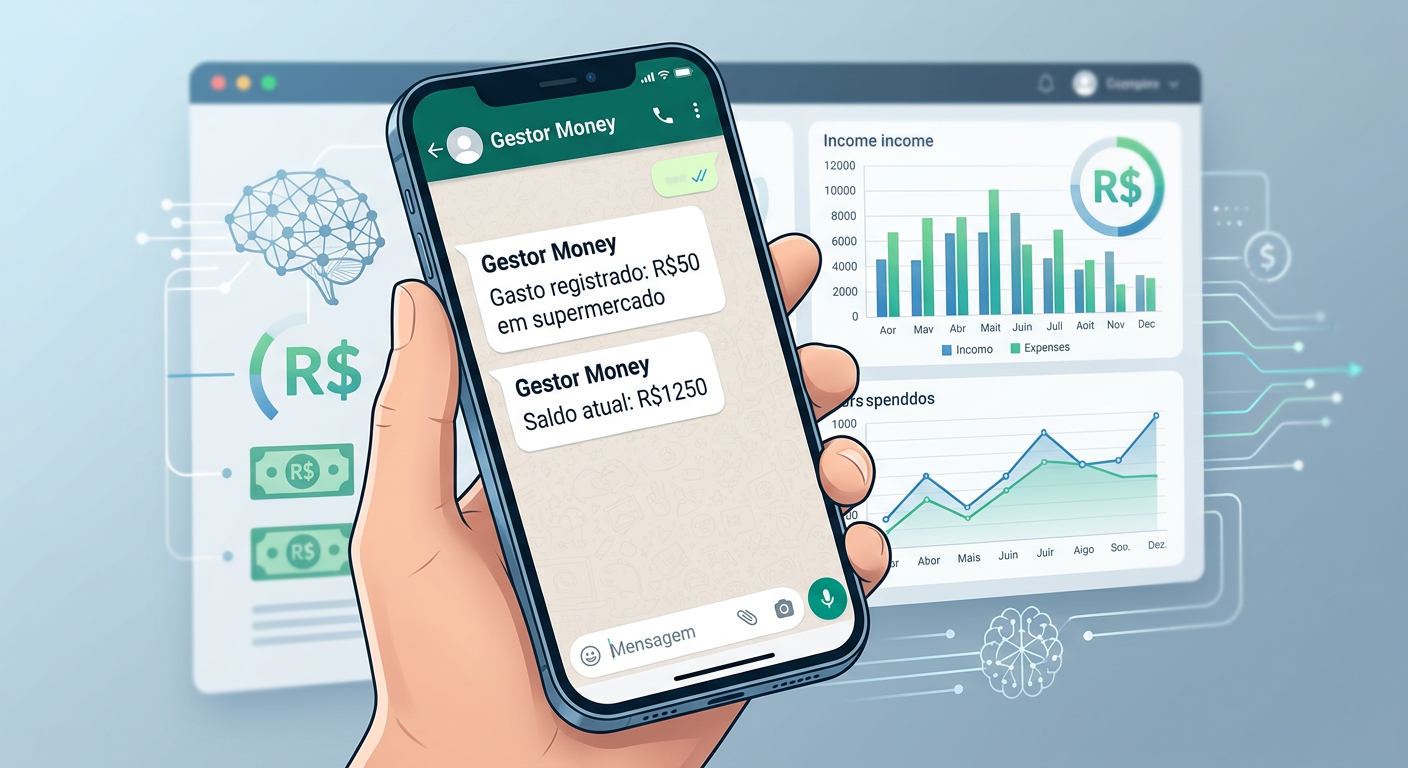 Smartphone com interface WhatsApp mostrando controle financeiro do Gestor Money e gráficos de dinheiro ao fundo.