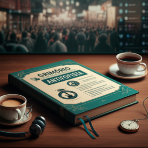 Capa aberta do Grimório Antifofista com símbolos de silêncio e virtudes, ao lado de objetos que sugerem estudo tranquilo.