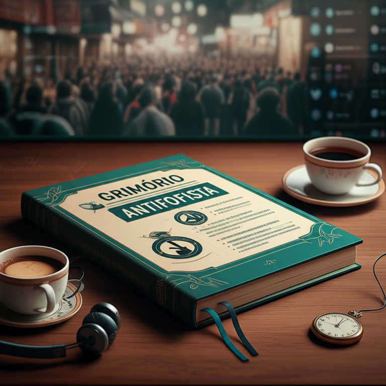 Capa aberta do Grimório Antifofista com símbolos de silêncio e virtudes, ao lado de objetos que sugerem estudo tranquilo.