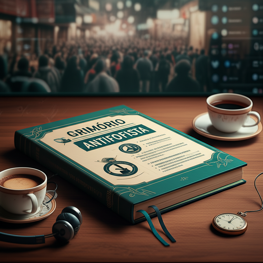 Capa aberta do Grimório Antifofista com símbolos de silêncio e virtudes, ao lado de objetos que sugerem estudo tranquilo.
