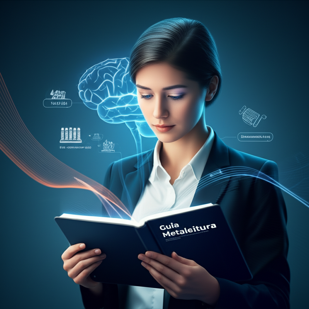 Ilustração de uma pessoa praticando leitura dinâmica com o Guia Metaleitura, mostrando expansão do campo visual e cérebro ativo.