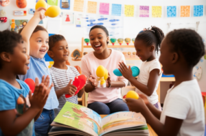 Professor e crianças cantando e brincando com instrumentos simples durante a atividade de Histórias e Brincadeiras Cantadas em uma sala de Educação Infantil.
