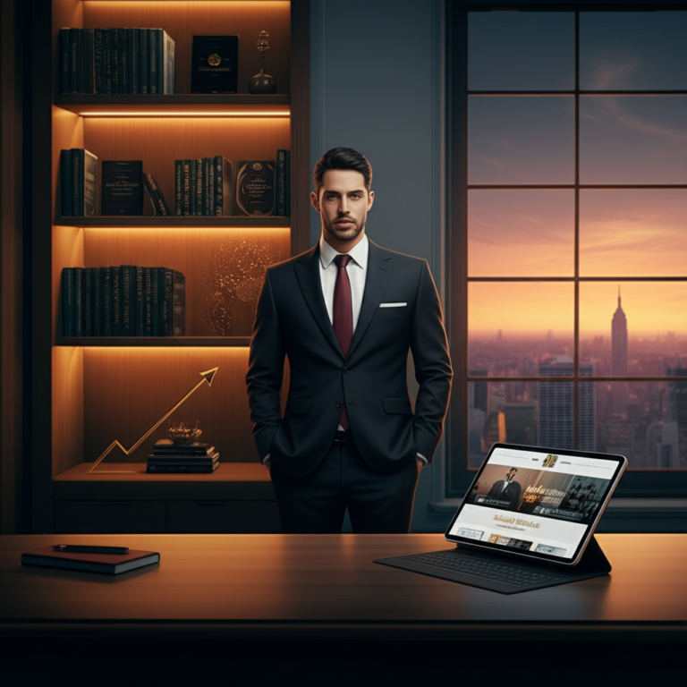 Alessandro Loiola em um ambiente de estudo elegante, rodeado por livros de desenvolvimento masculino, tablet com curso online e símbolos de crescimento como seta ascendente e coroa.