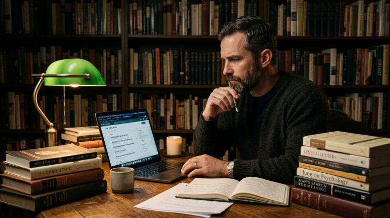 Homem estudando ou refletindo à noite em uma mesa, com livros e um laptop, simbolizando a busca por conhecimento e suporte em desenvolvimento pessoal durante a madrugada.