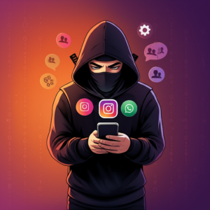 Ilustração de um ninja segurando um smartphone que exibe o Instagram e o ícone do WhatsApp, rodeado por ícones de seguidores, engrenagens de automação e balões de mensagem.