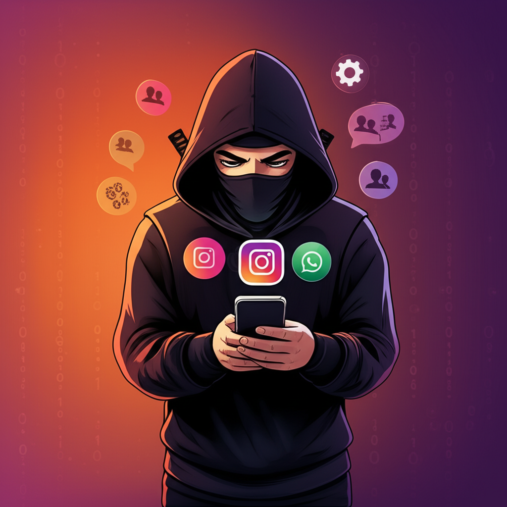 Ilustração de um ninja segurando um smartphone que exibe o Instagram e o ícone do WhatsApp, rodeado por ícones de seguidores, engrenagens de automação e balões de mensagem.