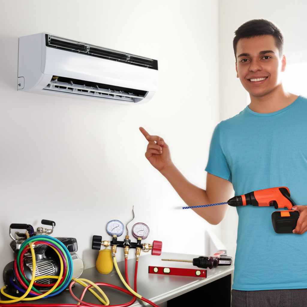 Técnico instalando ar‑condicionado split hi‑wall com ferramentas (vácuo, manifold, furadeira) sob orientação do instrutor Hudson Lopes.