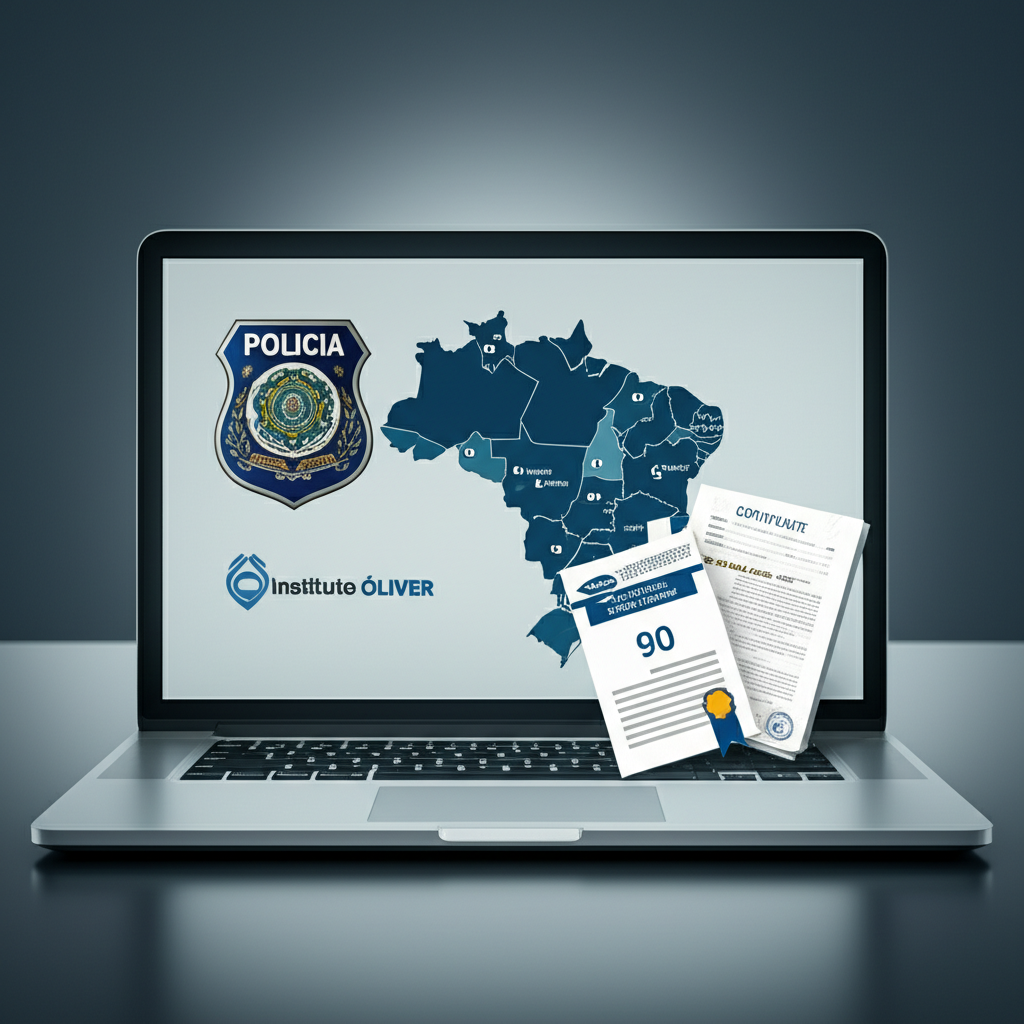 Ambiente de estudo online do Instituto Óliver com badge policial, calendário de 90 dias e certificado de nível superior em segurança pública e privada.