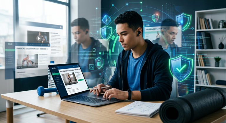 Aluno estudando Educação Física EAD em laptop, com elementos visuais de segurança digital e figuras fantasma simbolizando pirataria e clones de cursos, em referência ao Instituto Óliver.