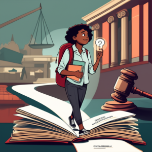 Ilustração de um estudante compreendendo conceitos jurídicos básicos, com elementos visuais que sugerem profundidade limitada e a necessidade de mentoria, para a análise do eBook 'Introdução ao Mundo do Direito' de Cintia Brunelli.