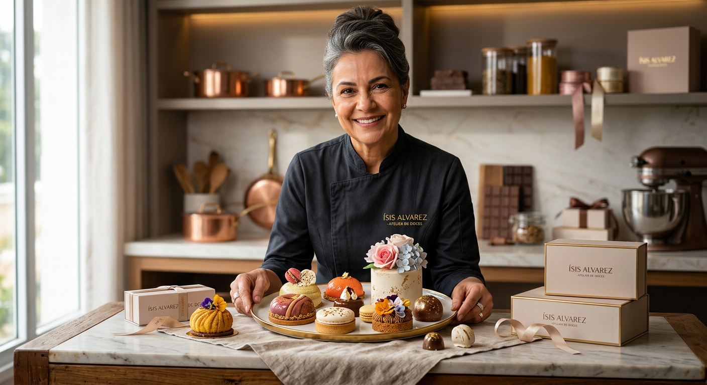A chef de confeitaria Ísis Alvarez apresenta uma variedade de doces finos e modelados elegantemente arranjados para presentear, em um cenário de ateliê.