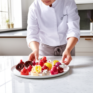 Ísis Alvarez apresentando doces finos e sofisticados em uma bancada de mármore.