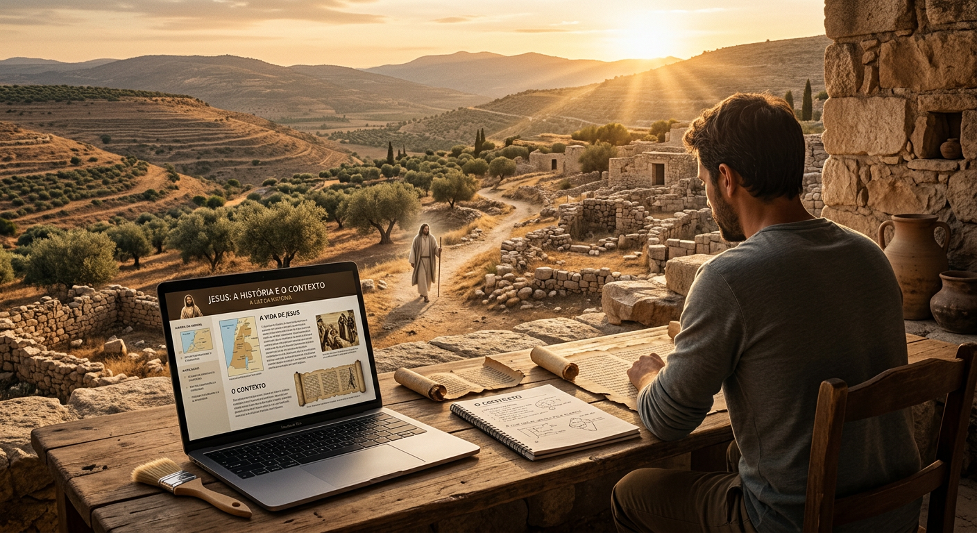 Imagem que ilustra o curso 'Jesus à Luz da História' de Rodrigo Alvarez, mostrando uma paisagem histórica do Oriente Médio com ruínas antigas e oliveiras. Uma silhueta sutil de Jesus se integra ao cenário, enquanto mapas antigos e pergaminhos flutuam, simbolizando a pesquisa histórica. No primeiro plano, uma tela de tablet sugere o aprendizado online, tudo banhado por uma luz dourada de descoberta e clareza.