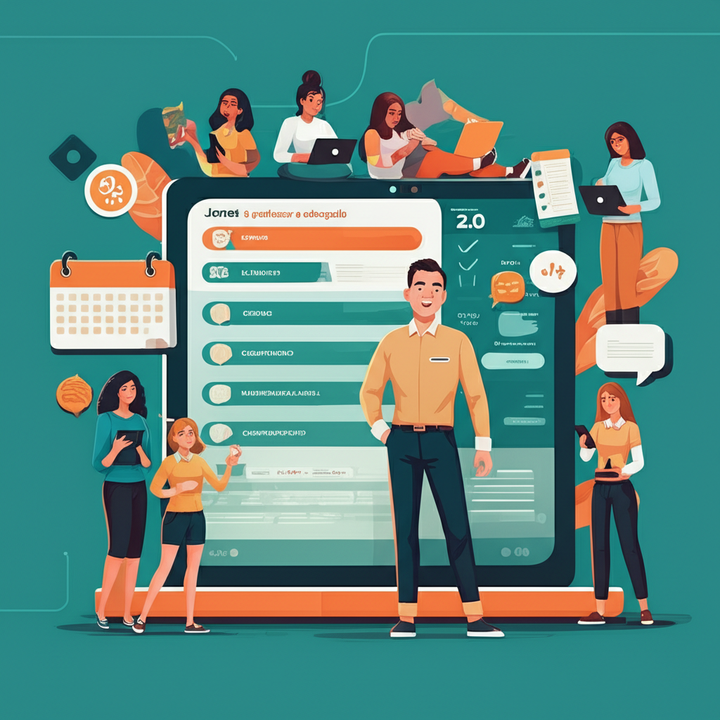 Ilustração de Jonas apresentando a plataforma Beway 2.0 com ícones de lições de inglês e alunos usando dispositivos móveis.