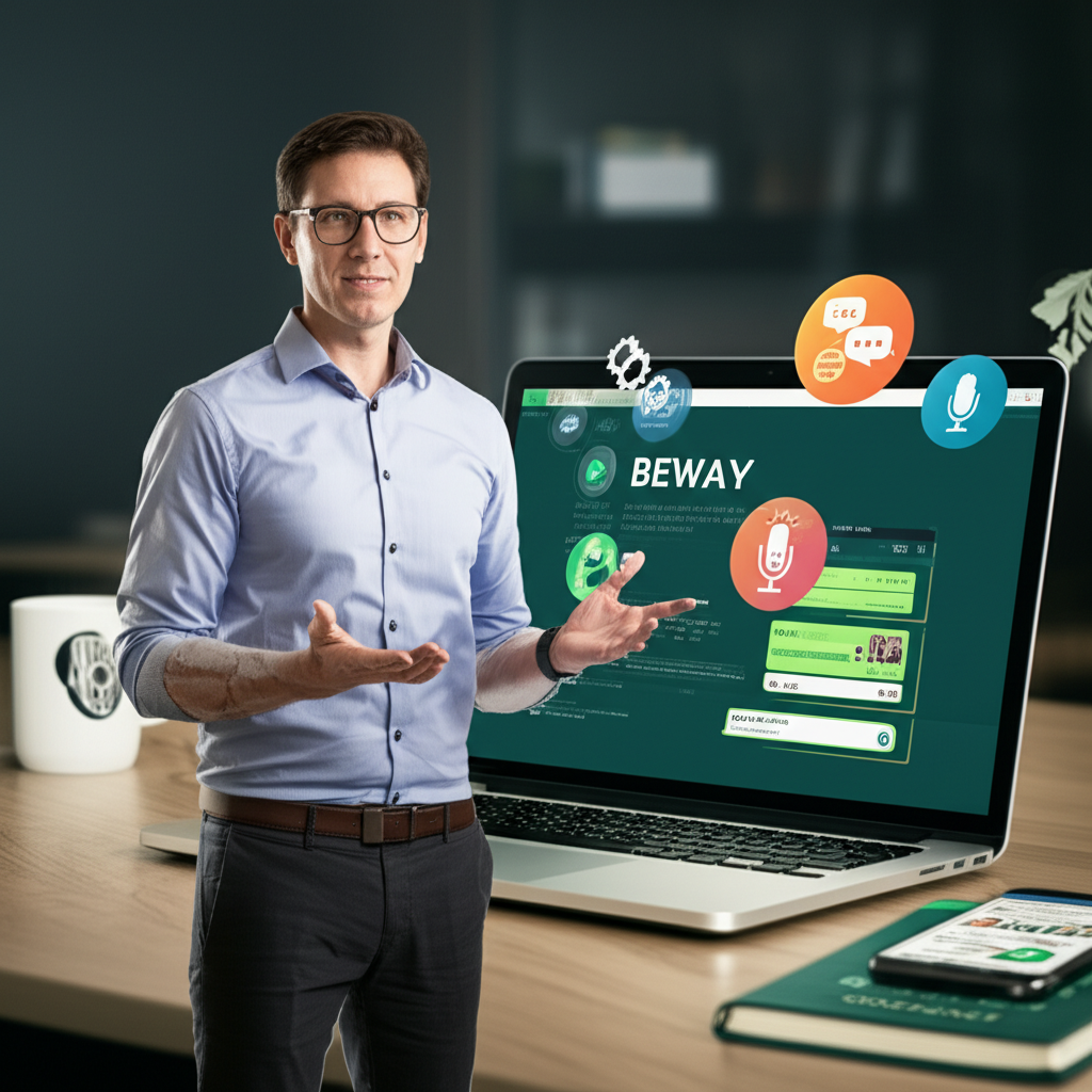 Jonas presenting the Beway 2.0 language platform, surrounded by icons of the Elements, Words and Confidence levels and a WhatsApp study group.