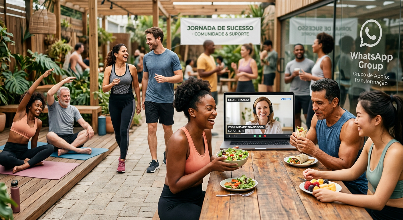 Pessoas diversas em jornada de transformação corporal contínua, com apoio de coach e comunidade online, simbolizando sucesso e bem-estar a longo prazo do STC.